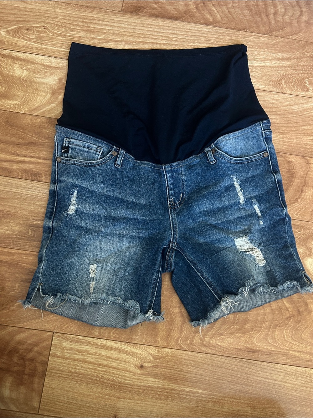 KanCan Maternity Distressed Denim Shorts in Dark Blue with Waistband